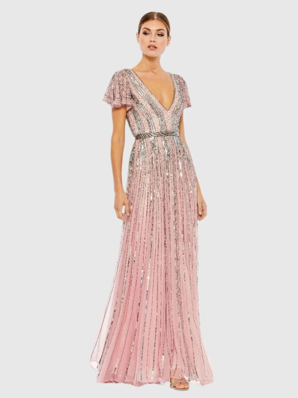 Mac Duggal Size 4 Rose Pink 70108 Stripe Sequin Embellished Evening Gown Dress